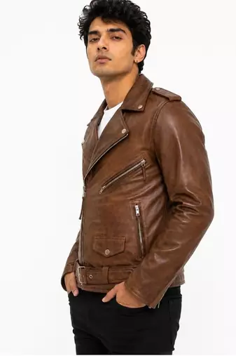 Men's brown leather genuine lambskin daily wear moto biker jacket