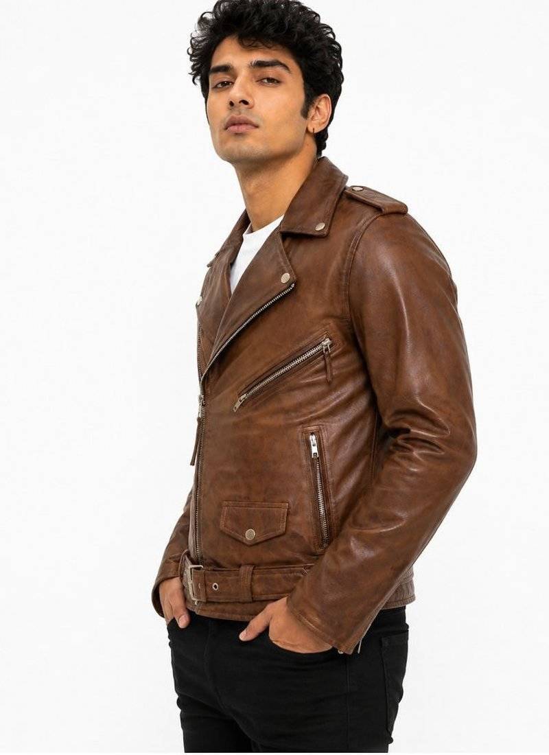 Men's brown leather genuine lambskin daily wear moto biker jacket
