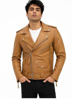Men's tan genuine leather signature look moto biker jacket 1