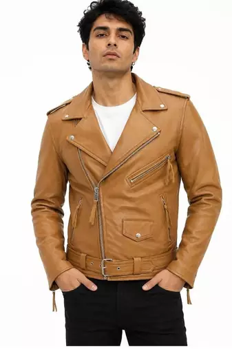 Men's tan genuine leather signature look moto biker jacket