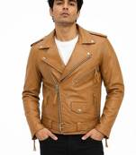 Men's tan genuine leather signature look moto biker jacket