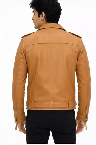Men's tan genuine leather signature look moto biker jacket