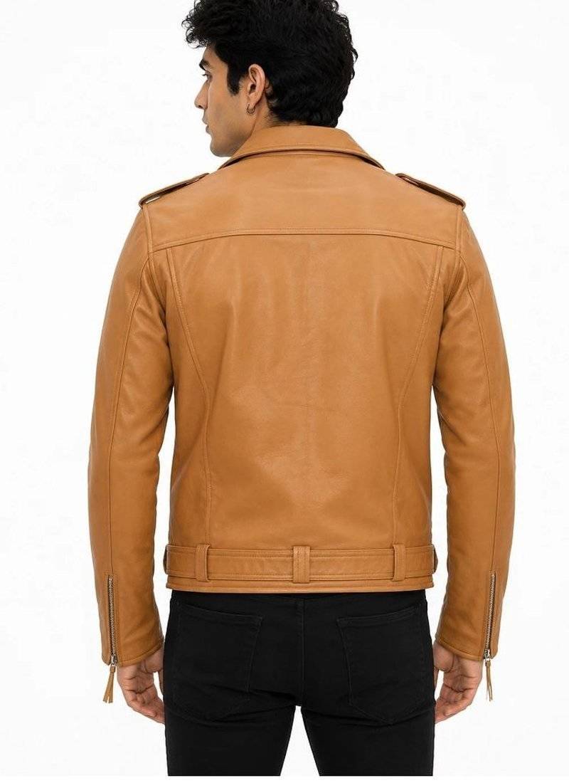 Men's tan genuine leather signature look moto biker jacket