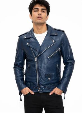 Men's blue genuine leather classic design moto biker jacket 1