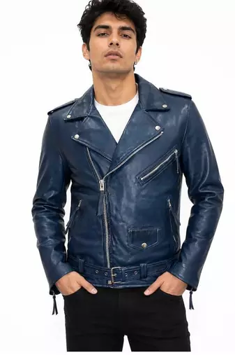Men's blue genuine leather classic design moto biker jacket