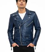Men's blue genuine leather classic design moto biker jacket