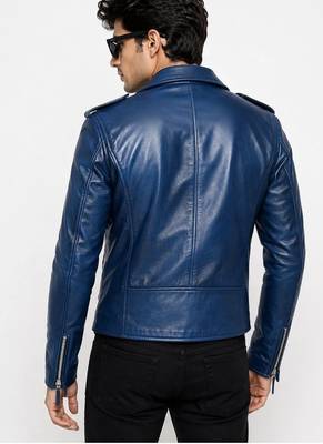 Men's blue genuine leather classic design moto biker jacket 2
