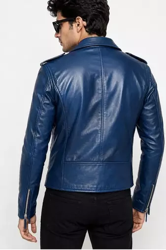 Men's blue genuine leather classic design moto biker jacket