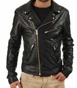 Men black genuine leather premium finish biker jacket