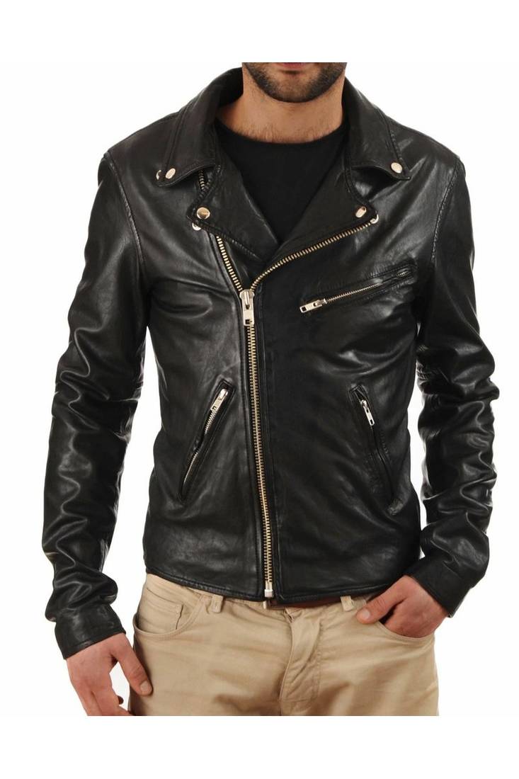 Men black genuine leather premium finish biker jacket