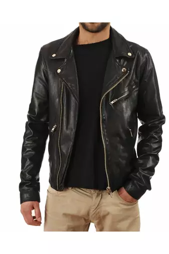 Men black genuine leather premium finish biker jacket