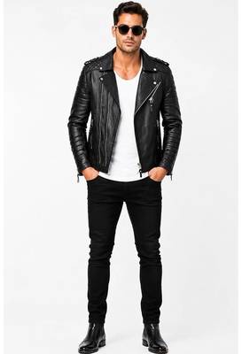 Men black quilted leather everyday wear genuine biker jacket 1