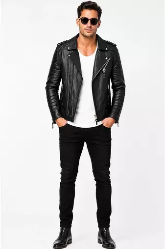 Men black quilted leather everyday wear genuine biker jacket