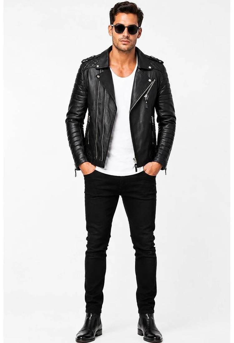 Men black quilted leather everyday wear genuine biker jacket