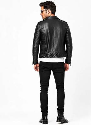 Men black quilted leather everyday wear genuine biker jacket 2