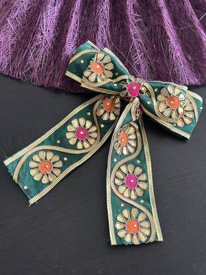 Green handmade gota work hairbow 1