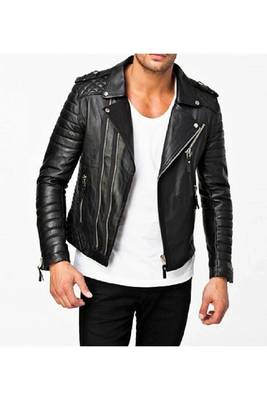 Men black quilted leather everyday wear genuine biker jacket 4