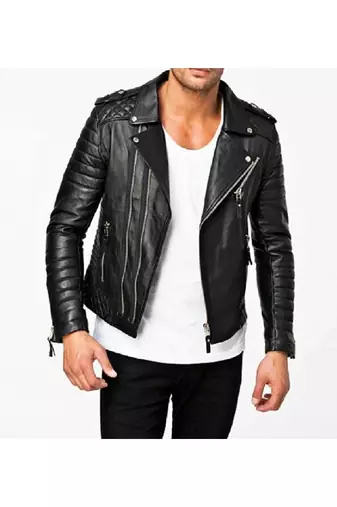 Men black quilted leather everyday wear genuine biker jacket