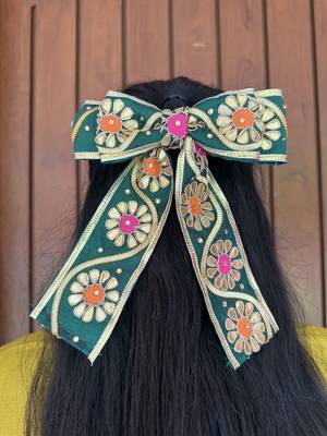Green handmade gota work hairbow 2