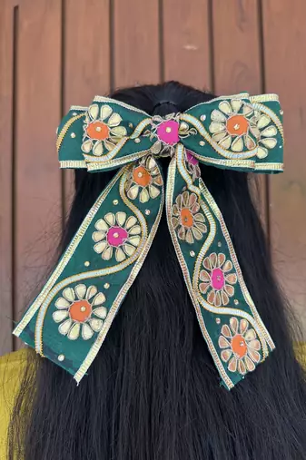 Green handmade gota work hairbow
