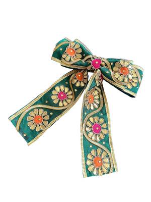 Green handmade gota work hairbow 3