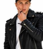 Men black leather fashion outerwear genuine moto biker jacket