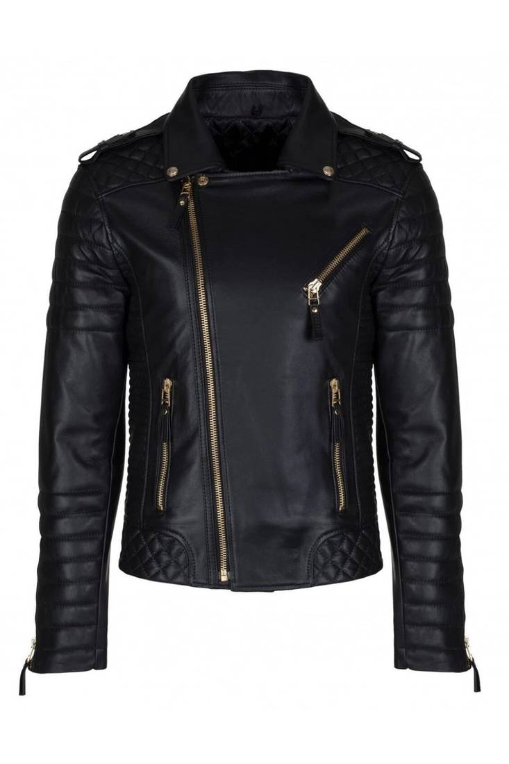 Men black leather fashion outerwear genuine moto biker jacket