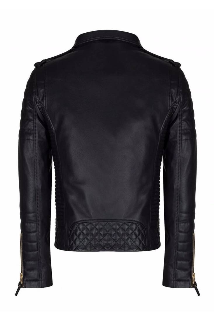 Men black leather fashion outerwear genuine moto biker jacket