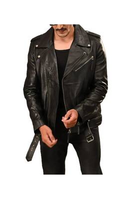 Men's black leather casual style genuine belted moto biker jacket 1