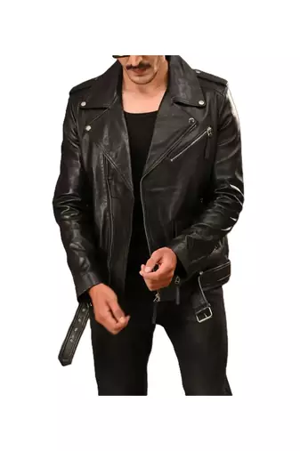 Men's black leather casual style genuine belted moto biker jacket