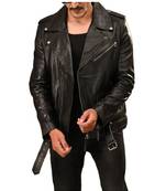 Men's black leather casual style genuine belted moto biker jacket