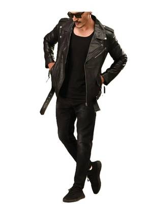 Men's black leather casual style genuine belted moto biker jacket 2