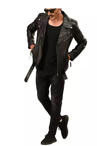Men's black leather casual style genuine belted moto biker jacket