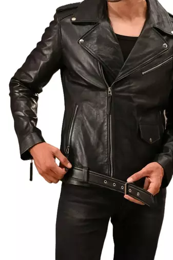 Men's black leather casual style genuine belted moto biker jacket