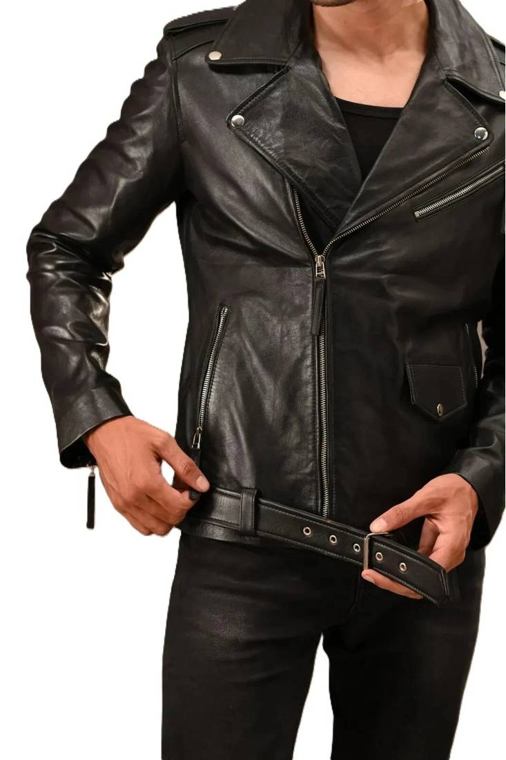 Men's black leather casual style genuine belted moto biker jacket