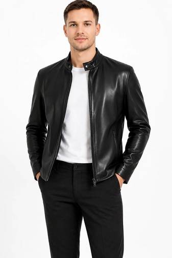 Men black lambskin leather casual style genuine daily wear jacket