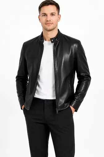 Men black lambskin leather casual style genuine daily wear jacket