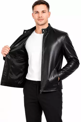 Men black lambskin leather casual style genuine daily wear jacket
