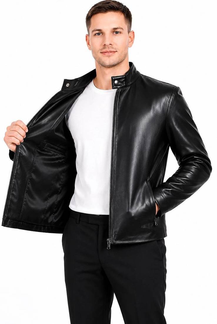 Men black lambskin leather casual style genuine daily wear jacket
