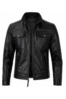 Men's black leather genuine lambskin modern fit biker jacket 1