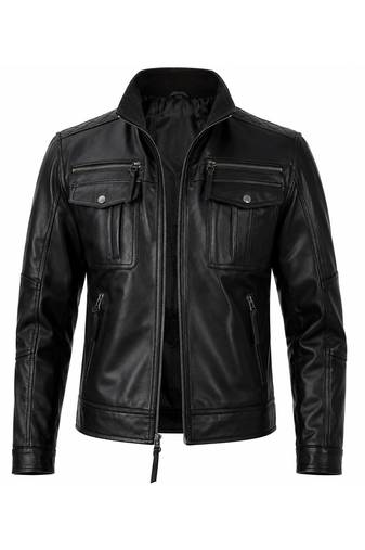 Men's black leather genuine lambskin modern fit biker jacket