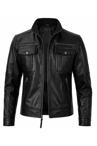 Men's black leather genuine lambskin modern fit biker jacket