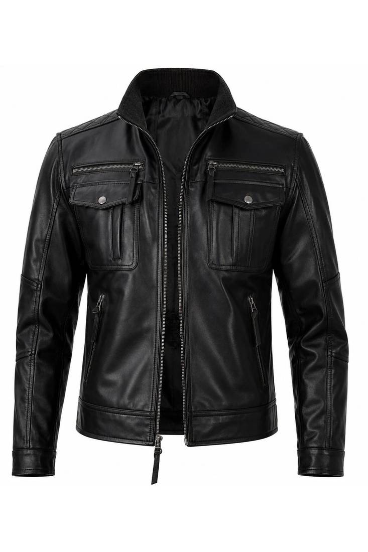 Men's black leather genuine lambskin modern fit biker jacket