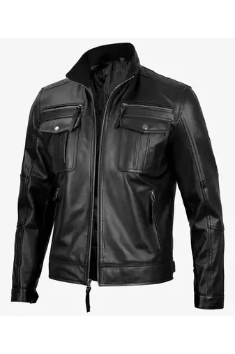 Men's black leather genuine lambskin modern fit biker jacket