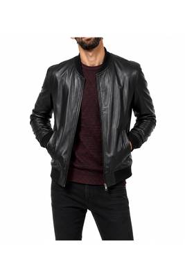 Men's black leather handcrafted genuine lambskin moto bomber jacket 1