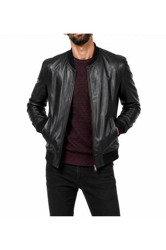 Men's black leather handcrafted genuine lambskin moto bomber jacket