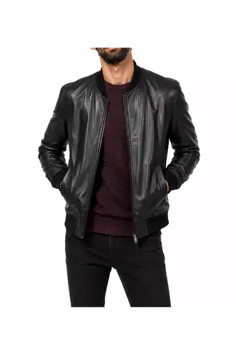 Men's black leather handcrafted genuine lambskin moto bomber jacket