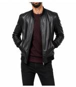 Men's black leather handcrafted genuine lambskin moto bomber jacket