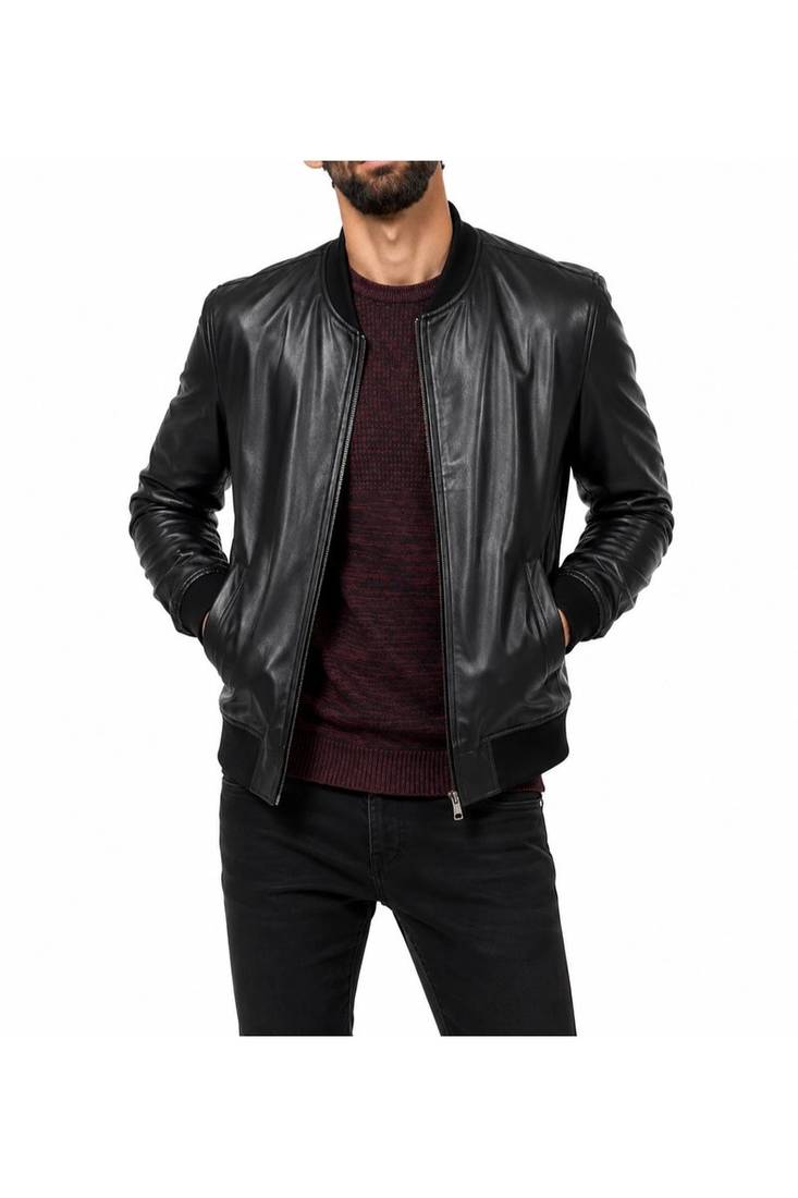 Men's black leather handcrafted genuine lambskin moto bomber jacket