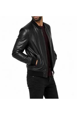 Men's black leather handcrafted genuine lambskin moto bomber jacket 2